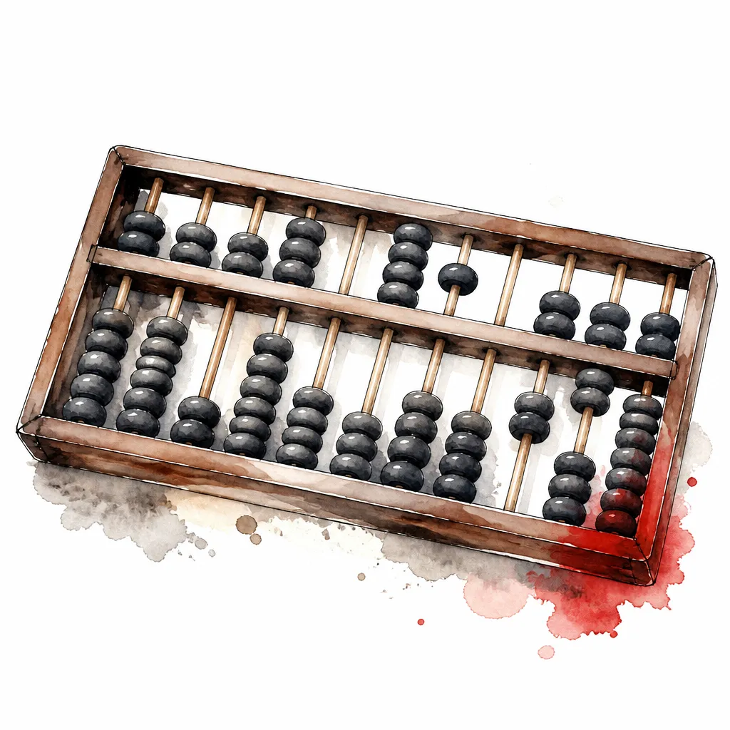 Watercolour close-up of a wooden abacus with its beads in a half-counted pattern.