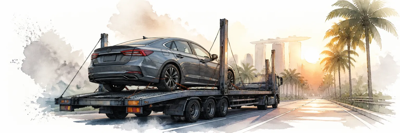 Watercolour illustration of a grey saloon strapped to a car transporter trailer at golden hour in Singapore.