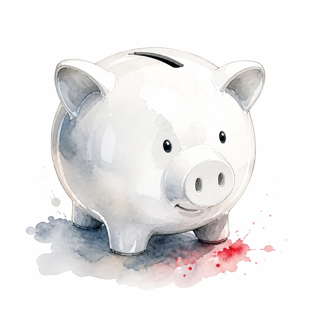 Watercolour close-up of a plain white ceramic piggy bank.