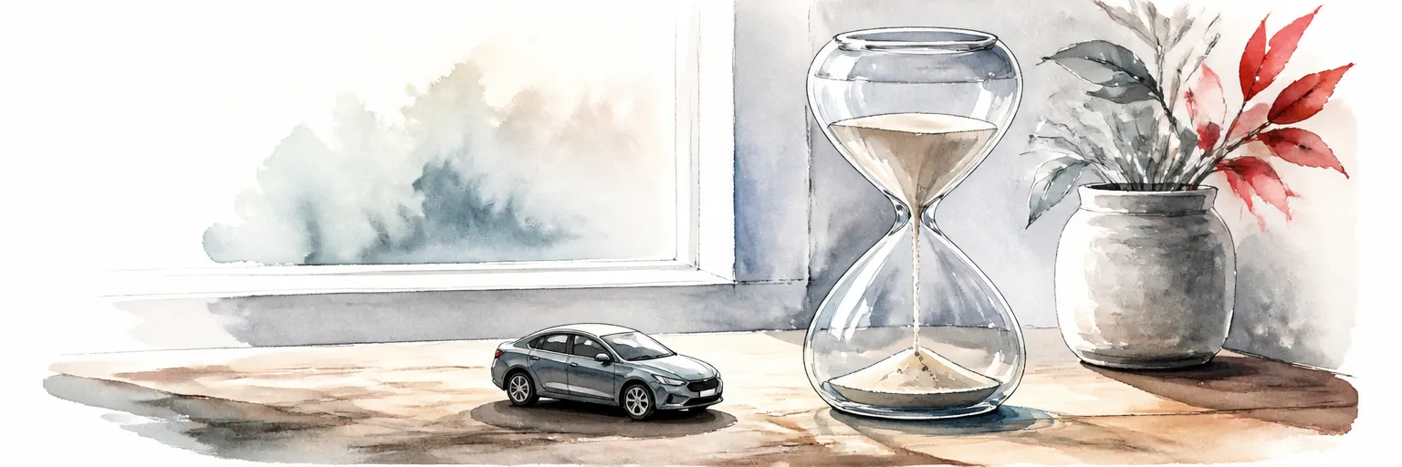Watercolour illustration of a freshly turned hourglass beside a toy car, symbolising a renewed term of ownership.