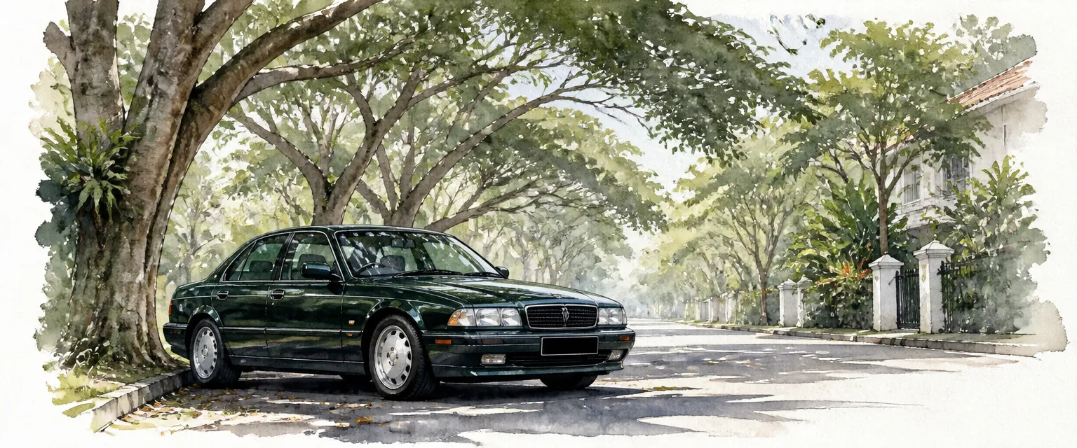Watercolour illustration of a well-kept older dark green saloon parked under rain trees on a quiet Singapore road.