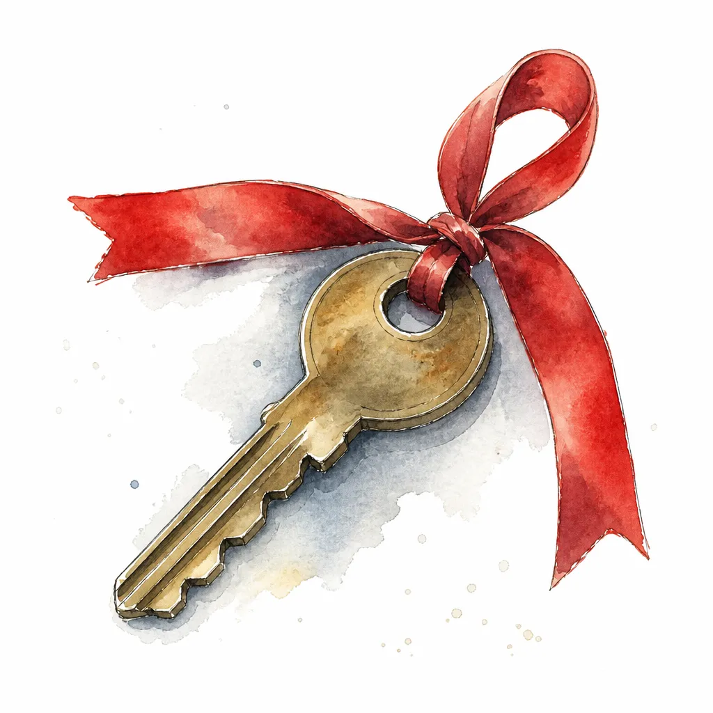 Watercolour close-up of a worn brass car key tied with a red ribbon.