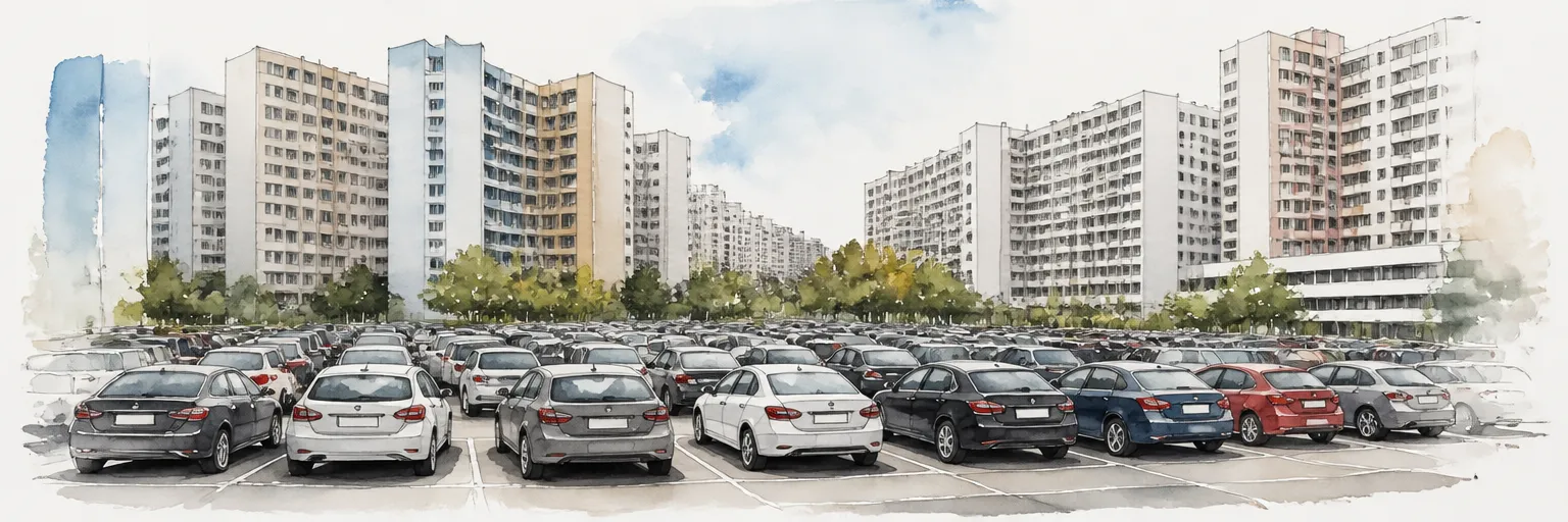 Watercolour illustration of a completely full car park between HDB blocks, showing capped road space in Singapore.