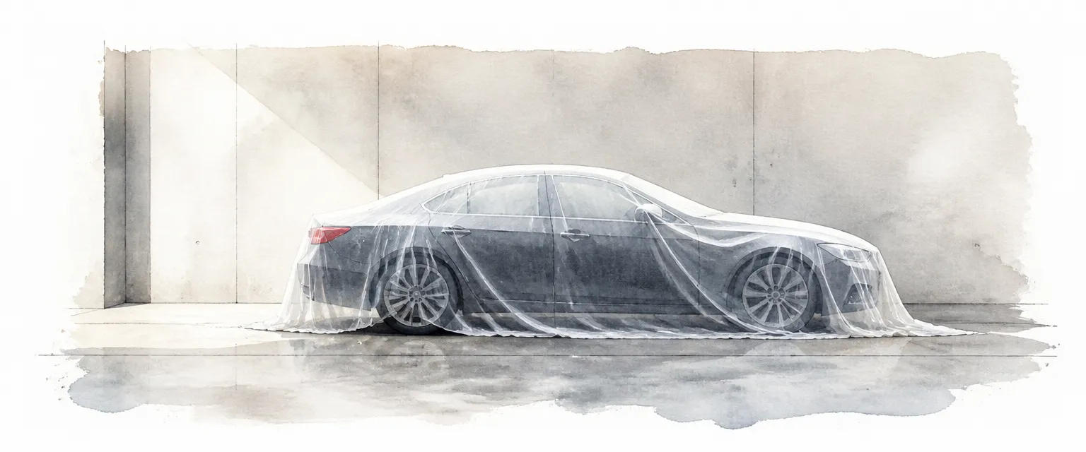 Watercolour illustration of a dark saloon resting under a paper-thin white sheet in an empty concrete space.