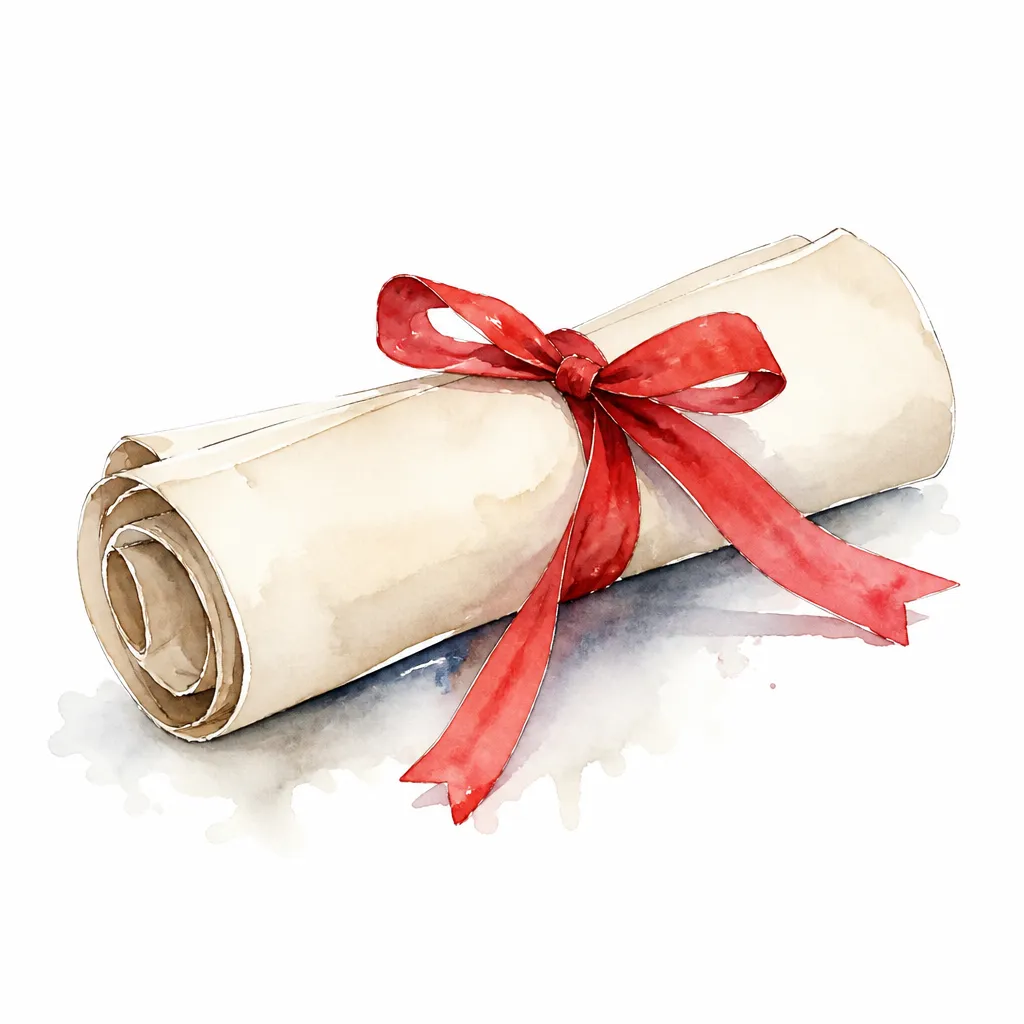 Watercolour close-up of a rolled cream paper scroll tied with a red ribbon, resting like a certificate.