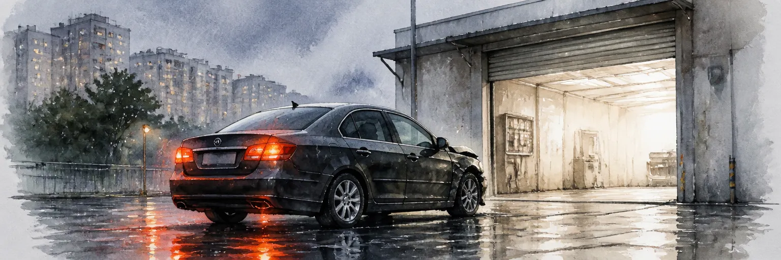 Watercolour illustration of a saloon with a crumpled front corner waiting in the rain outside a lit workshop door.