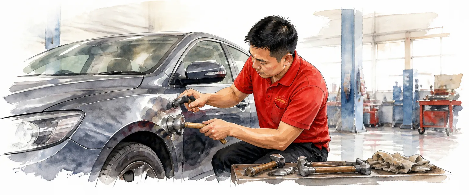 Watercolour illustration of a technician in a red polo shirt shaping a dented front wing with a hammer and dolly in a body repair workshop.
