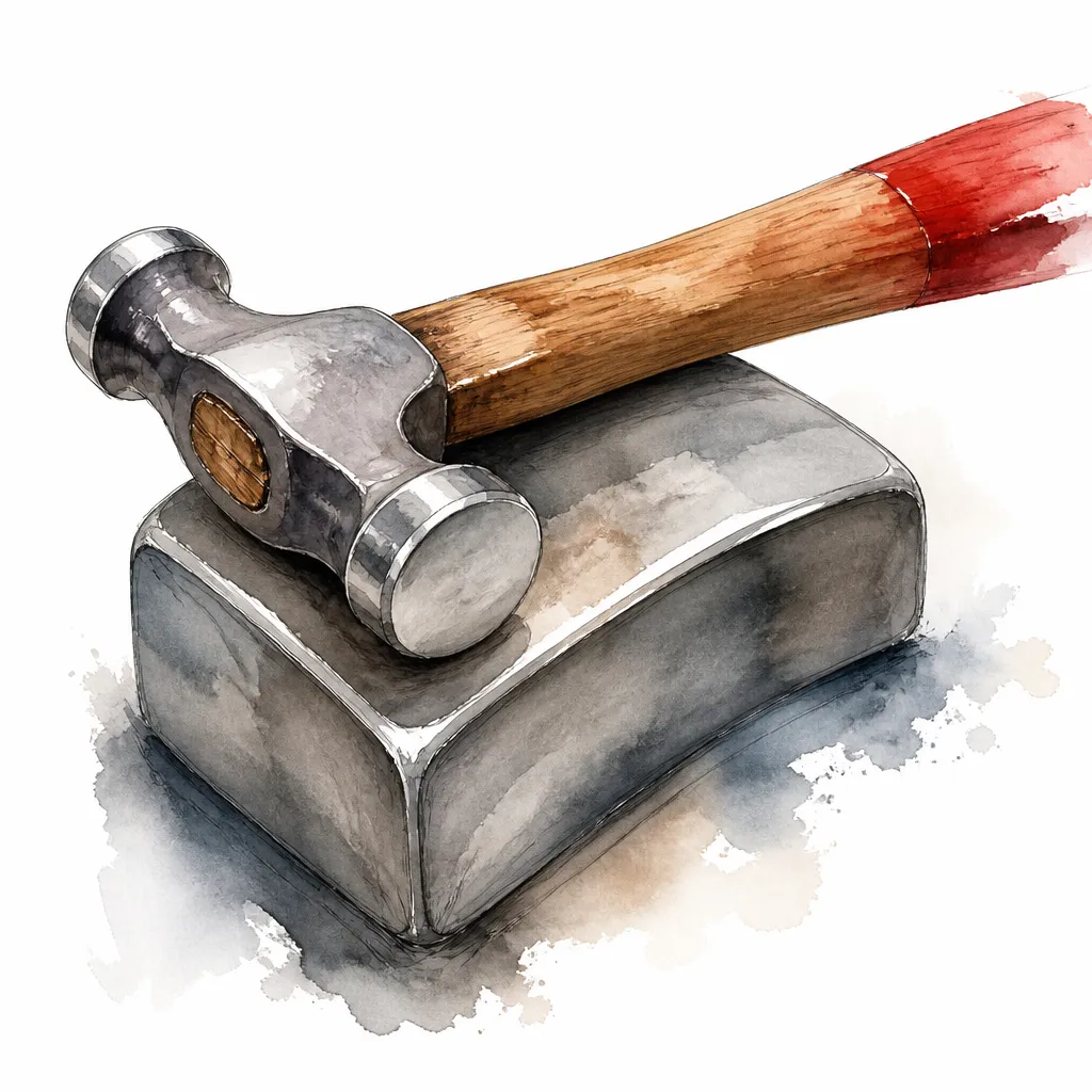 Watercolour close-up of a panel-beating hammer resting across a steel dolly block.