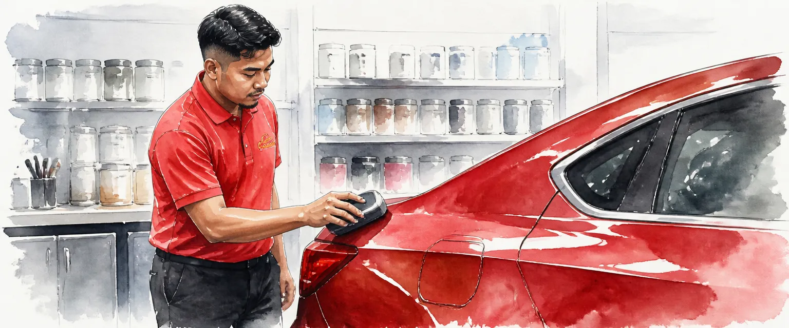 Watercolour illustration of a technician in a red polo shirt holding a handheld colour scanner against the wing of a deep red saloon.