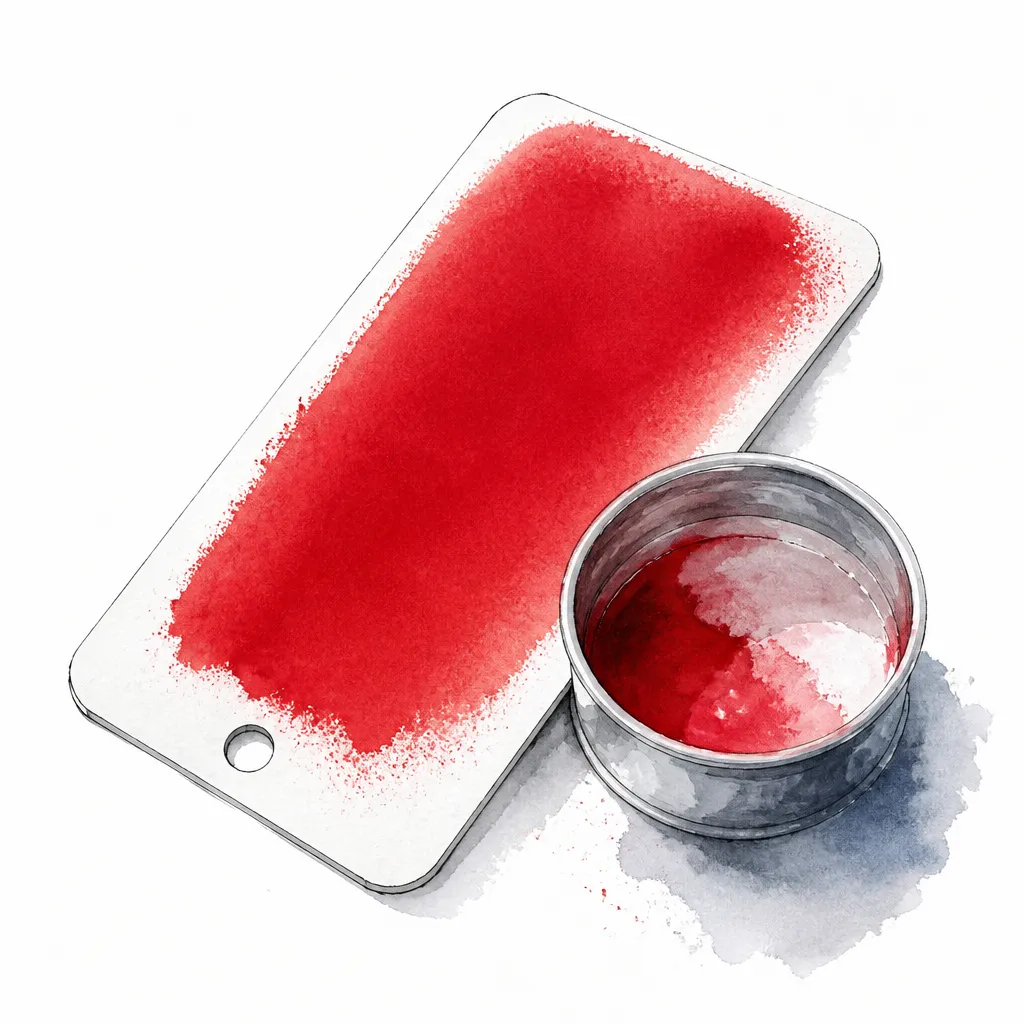 Watercolour close-up of a sprayed deep red paint test card beside a small mixing tin.