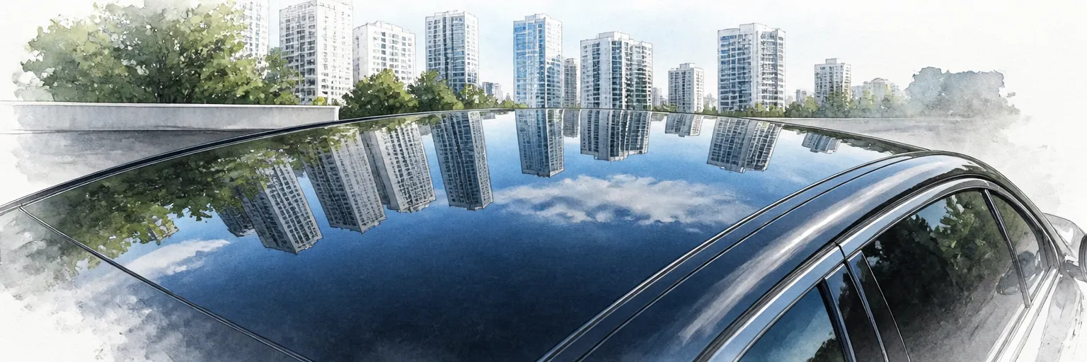 Watercolour illustration of the Singapore skyline reflected sharply in the flattened, polished roof of a black saloon.