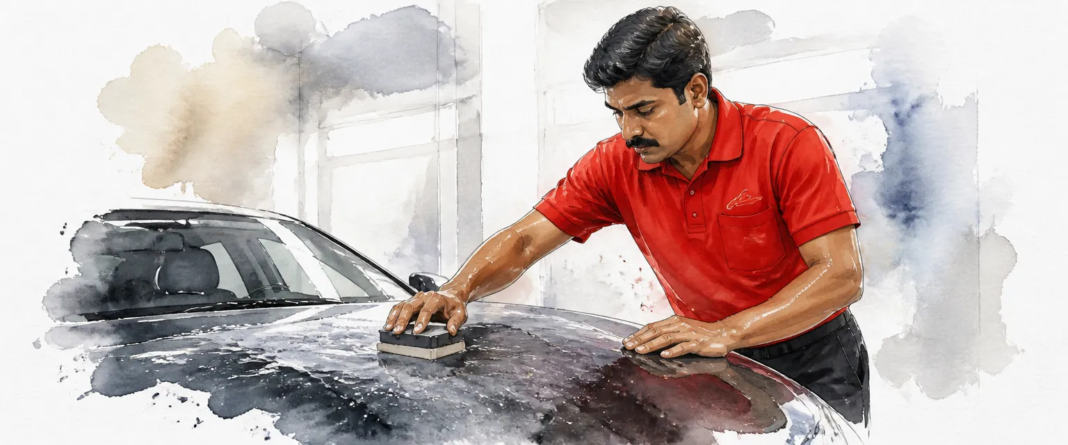 Watercolour illustration of a technician in a red polo shirt wet-sanding the clear coat of a black bonnet in a finishing bay.