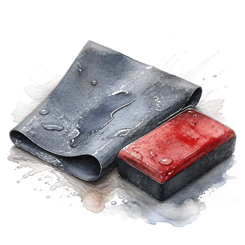 Watercolour close-up of fine wet sandpaper and a rubber sanding block glistening with water.