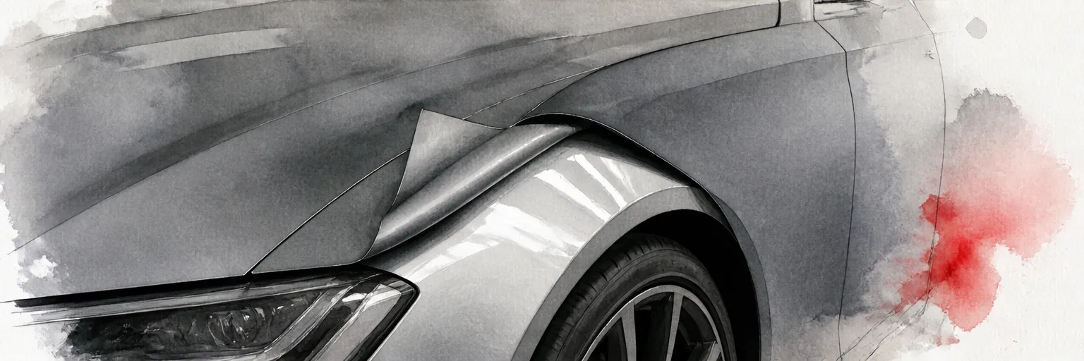Watercolour close-up of a corner of satin grey film lifted back to reveal glossy silver factory paint underneath.