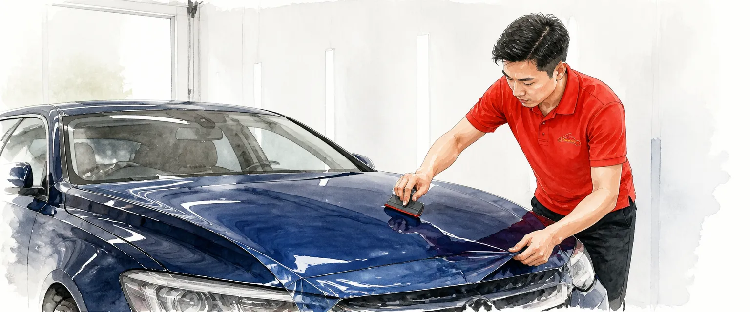 Watercolour illustration of a technician in a red polo shirt smoothing satin blue film onto a car bonnet with a squeegee.