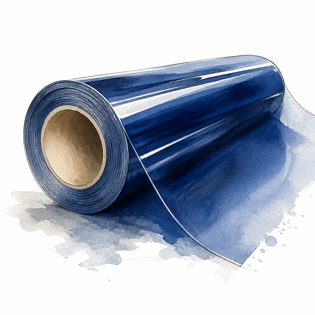Watercolour close-up of a partly unrolled roll of satin deep blue paint protection film.