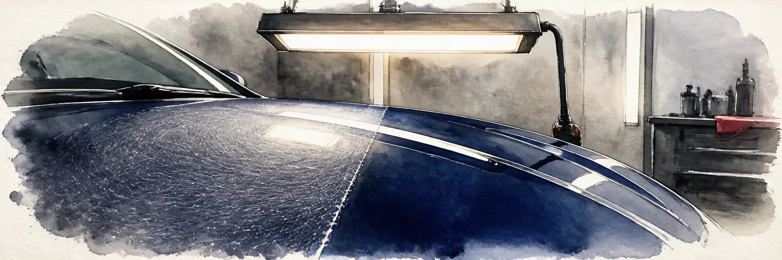 Watercolour illustration of a dark blue bonnet under an inspection lamp, swirl marks fading into deep gloss across the panel.