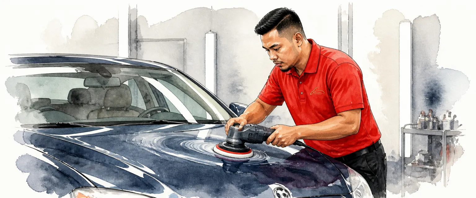 Watercolour illustration of a technician in a red polo shirt compounding the swirled bonnet of a dark blue saloon with a machine polisher.