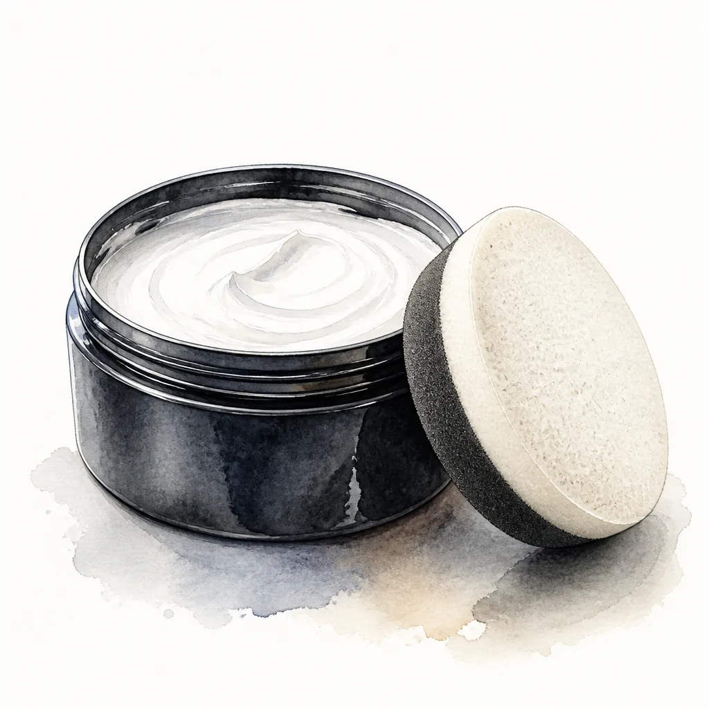Watercolour close-up of an open tub of white cutting compound with a foam pad resting against it.