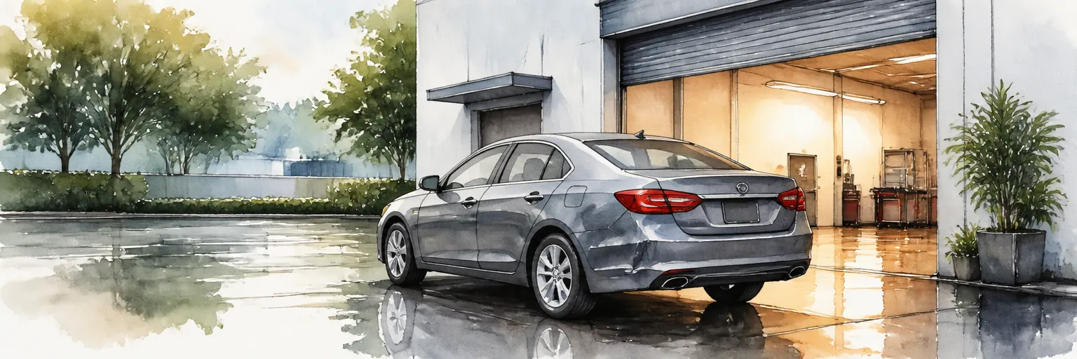 Watercolour illustration of a dented saloon parked outside a warmly lit workshop entrance as the rain eases.