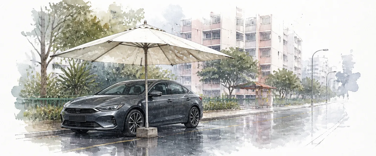 Watercolour illustration of a dark grey saloon sheltered under an oversized umbrella in the rain on a Singapore street.