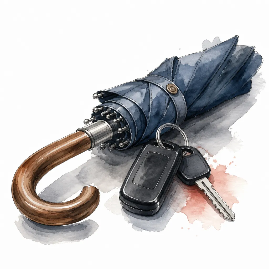 Watercolour close-up of a closed umbrella resting across a set of car keys.