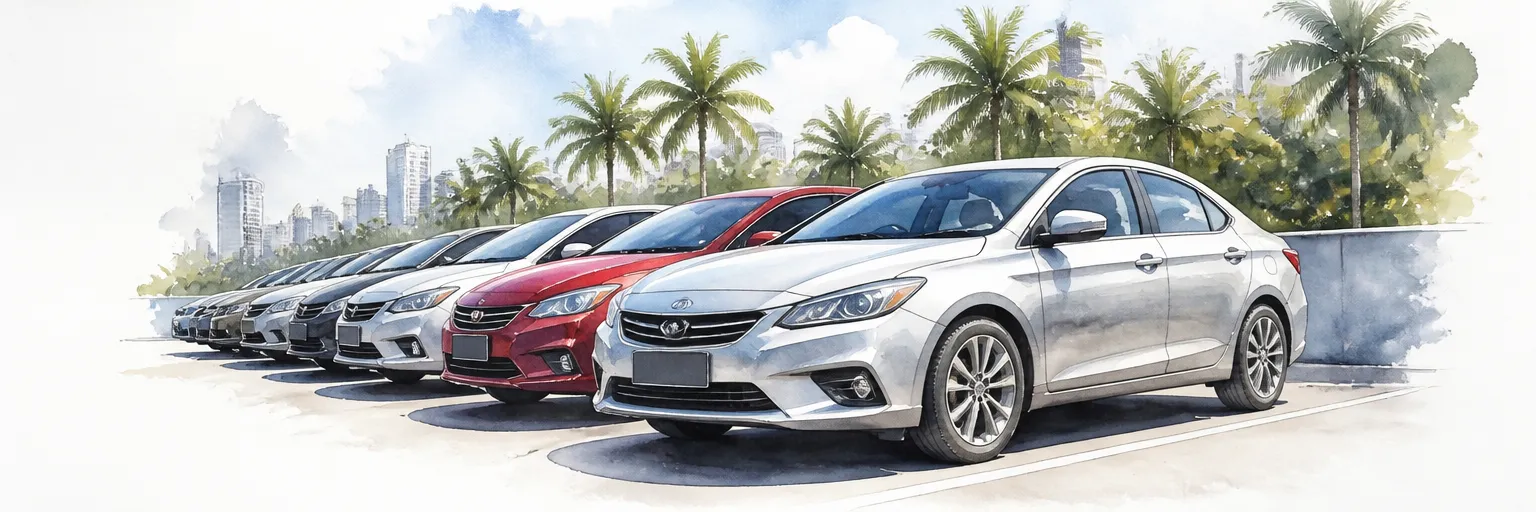 Watercolour illustration of a silver saloon parked in a row of used cars under bright afternoon sun.