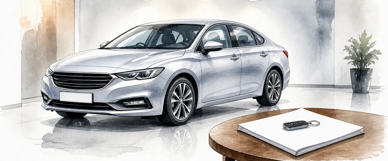 Watercolour illustration of a silver saloon in a small showroom with keys resting on blank paperwork beside it.