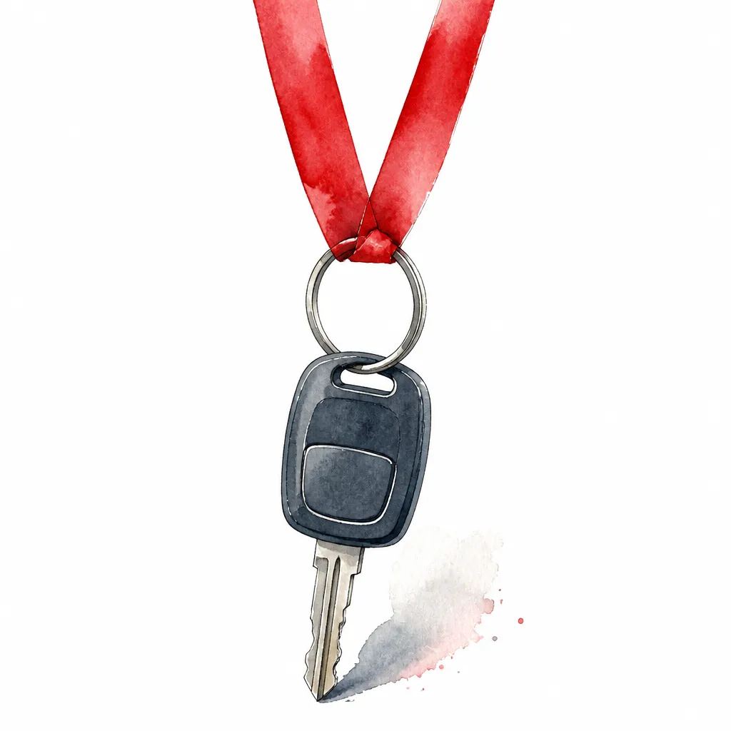 Watercolour close-up of a car key hanging from a plain red ribbon loop.