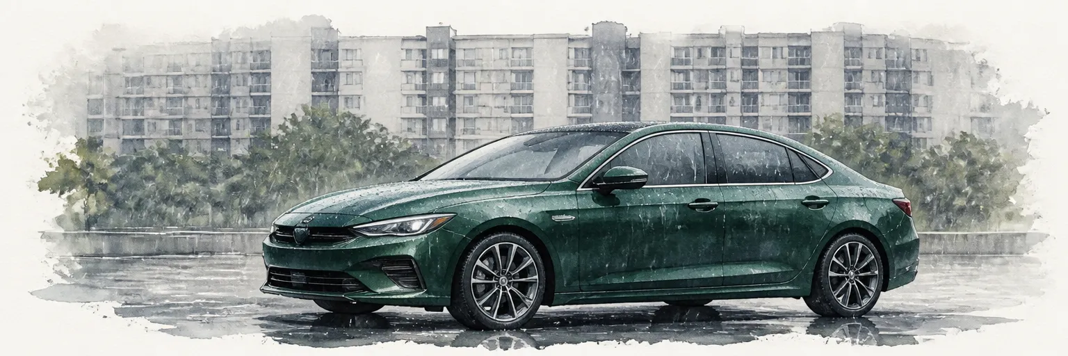 Watercolour illustration of rain beading and sheeting off a coated dark green saloon during a Singapore downpour.