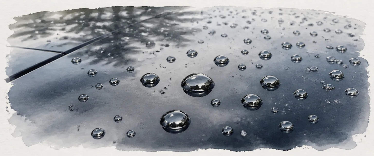 Watercolour close-up of tall round water droplets beading like glass on a glossy dark bonnet.