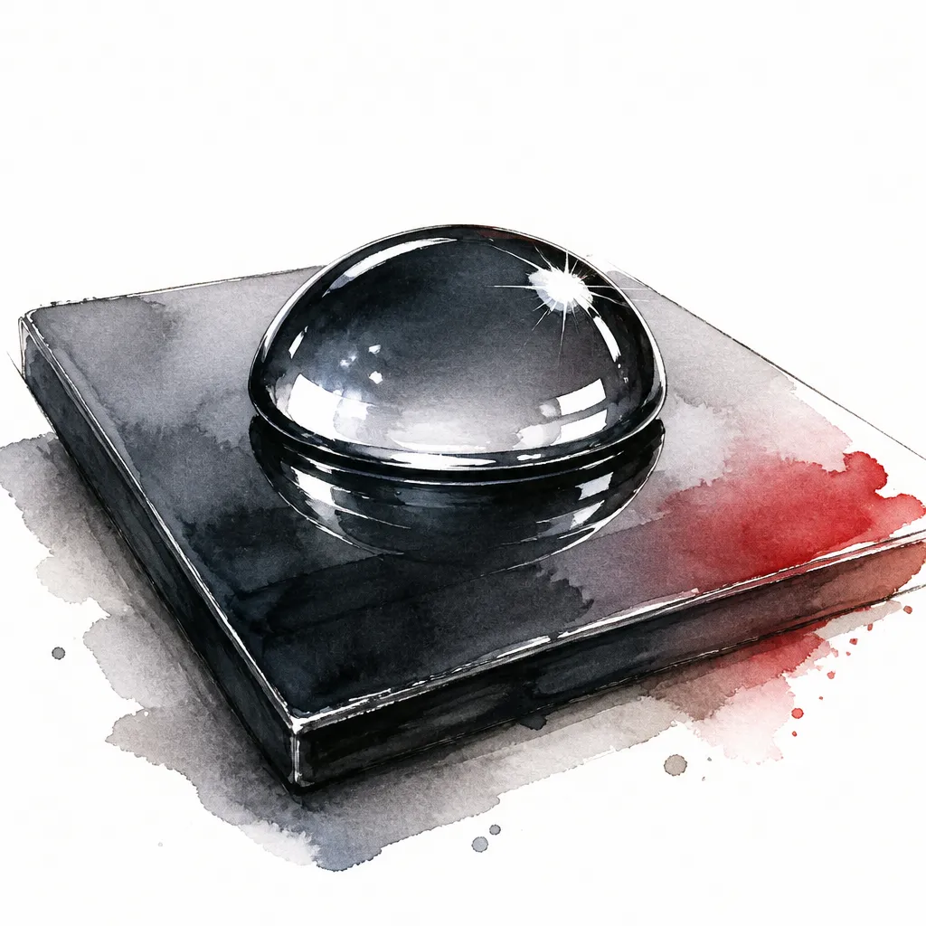 Watercolour close-up of a single domed water droplet standing on a square of glossy black panel.