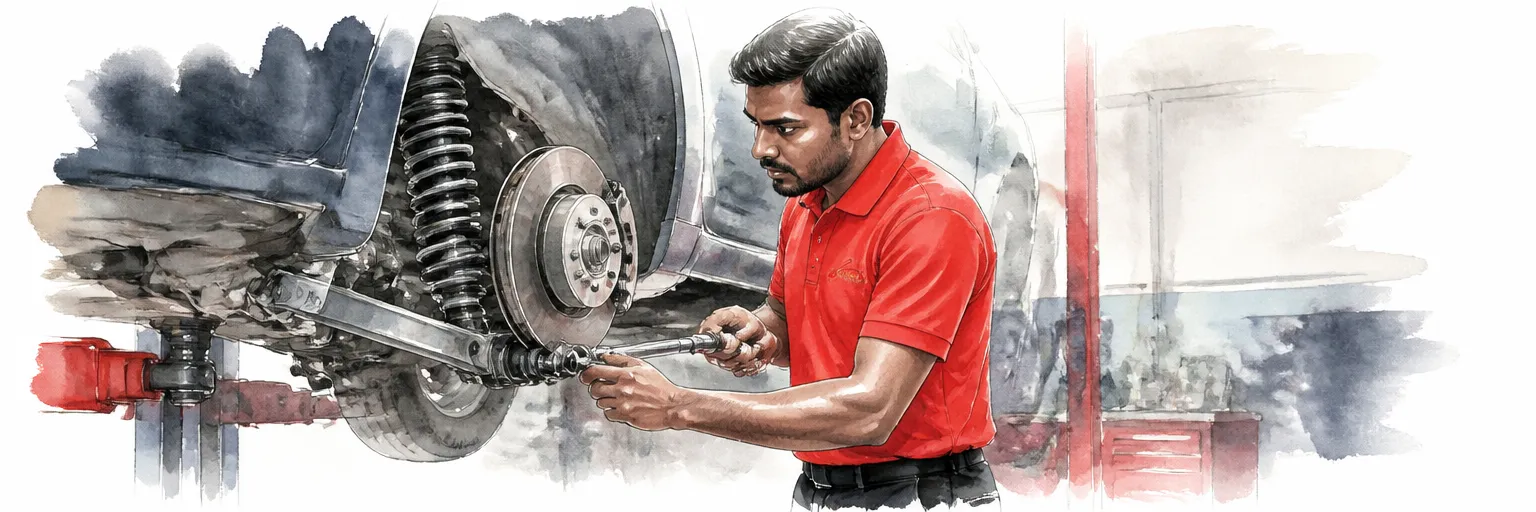 Watercolour illustration of a technician in a red polo shirt fitting a new control arm to a car on a lift.