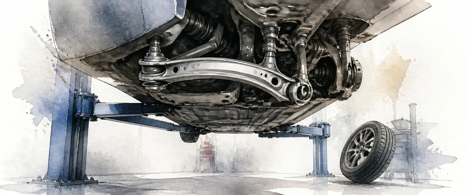 Watercolour illustration of a control arm and its rubber bushings lit softly under a car raised on a workshop lift.