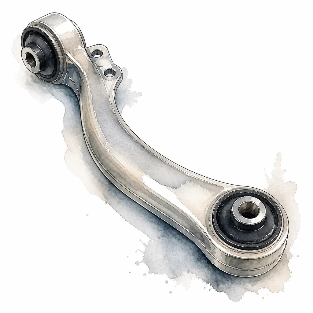 Watercolour close-up of a curved wishbone-shaped control arm with fresh rubber bushings.