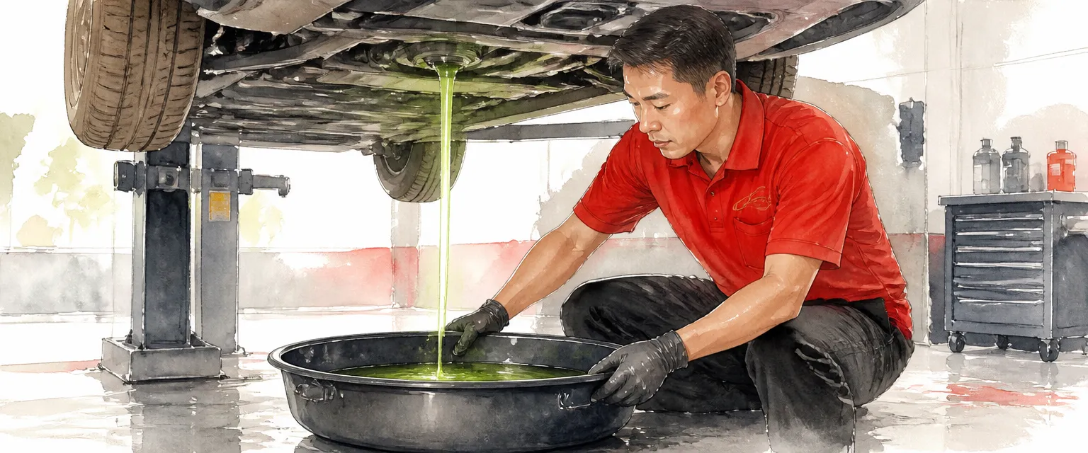Watercolour illustration of a technician in a red polo shirt draining green coolant from a raised car into a catch pan.