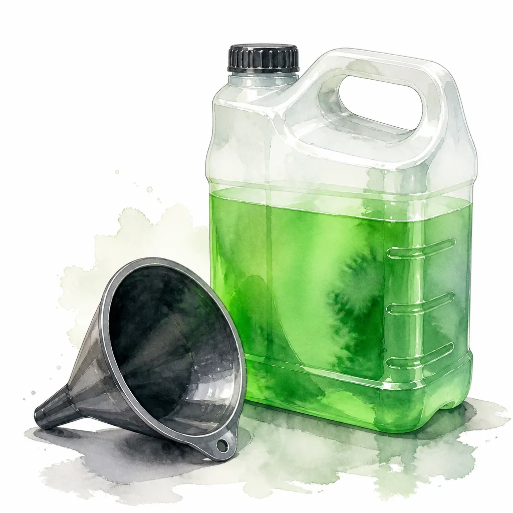 Watercolour close-up of a jug of bright green coolant beside a funnel.