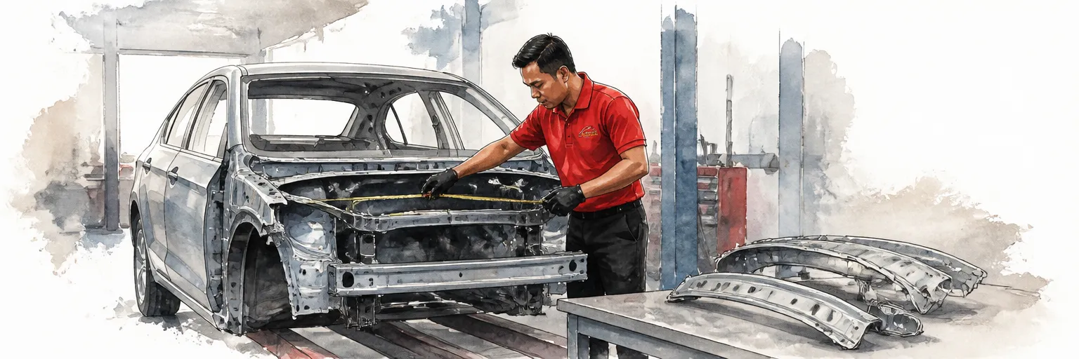 Watercolour illustration of a technician in a red polo shirt measuring the exposed front structure of a stripped saloon.