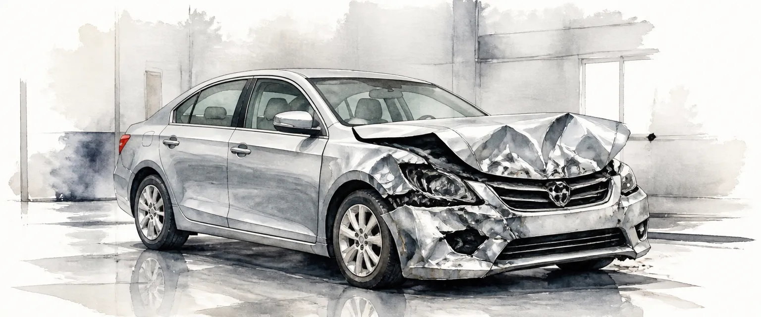 Watercolour illustration of a silver saloon with a crumpled front end and an untouched cabin standing in a workshop.