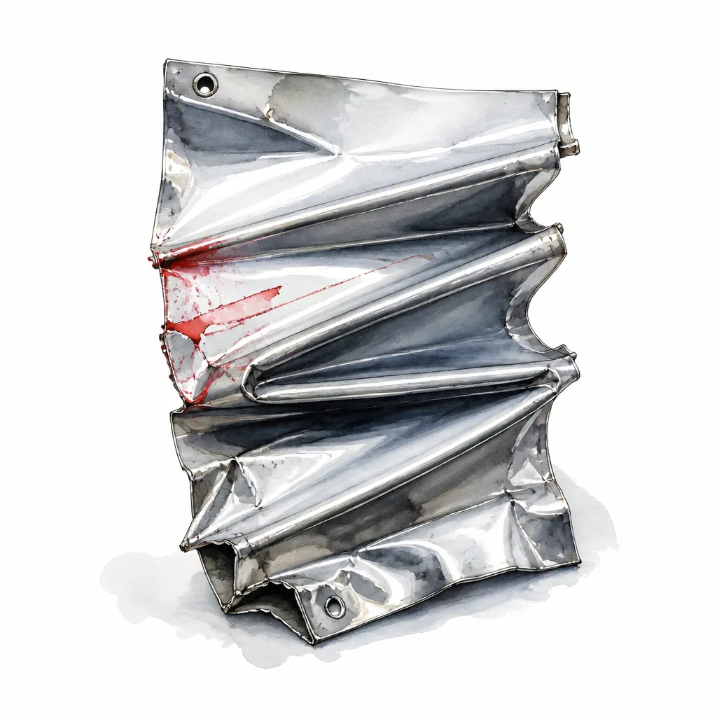 Watercolour close-up of a crumpled section of silver body metal folded into accordion pleats.