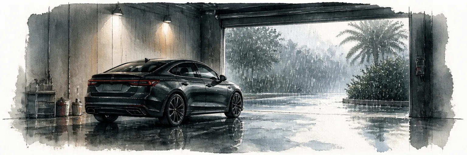 Watercolour illustration of a freshly coated car resting indoors while a downpour falls beyond the workshop door.