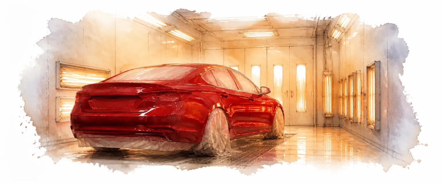 Watercolour illustration of a freshly painted deep red saloon glowing under amber oven light inside a spray booth.