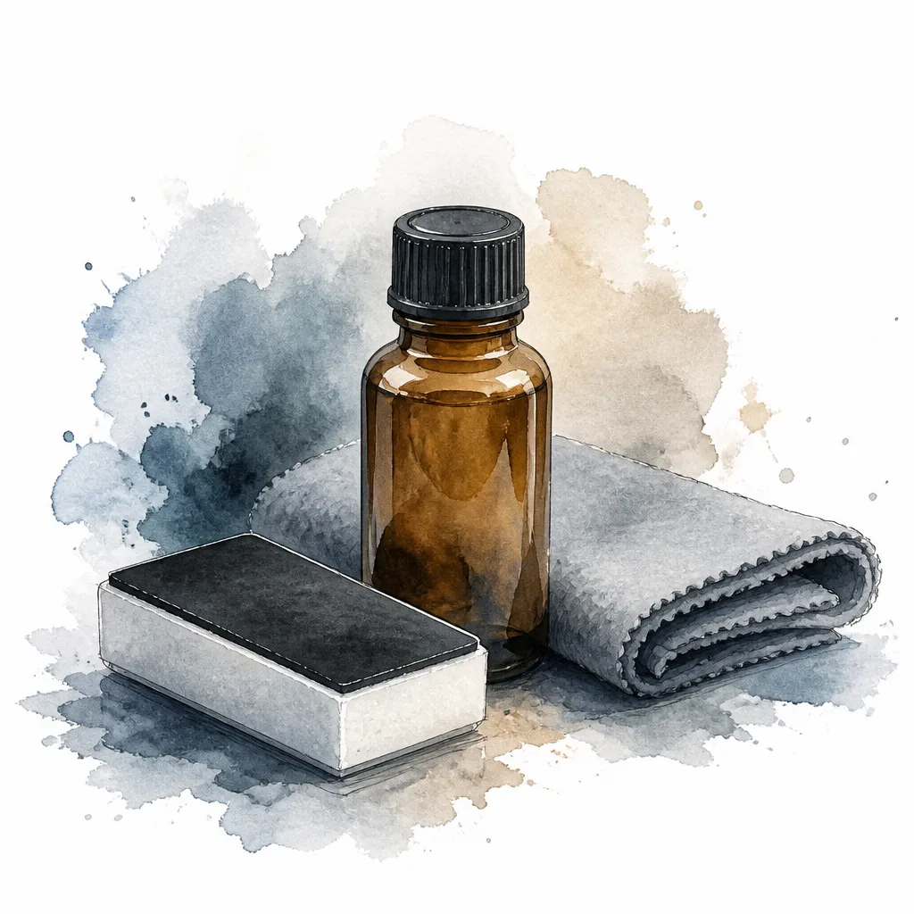 Watercolour close-up of a small amber bottle of ceramic coating with its applicator block and suede cloth.