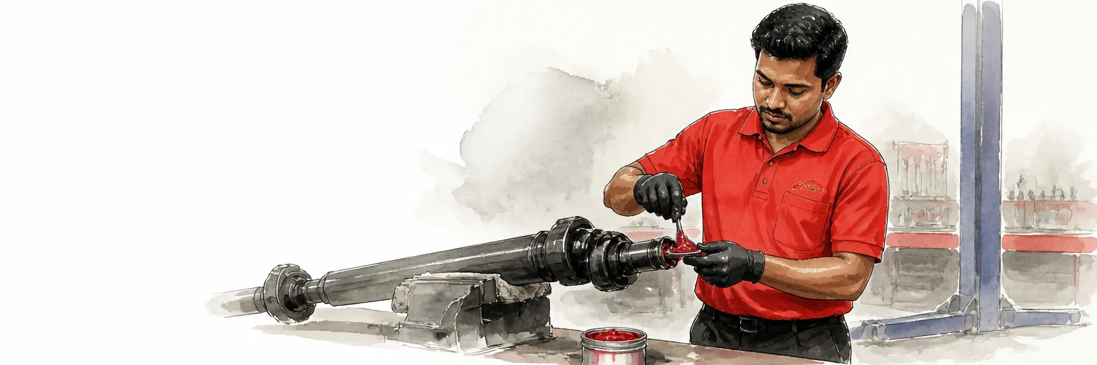 Watercolour illustration of a technician in a red polo shirt packing fresh grease into an opened joint at a workbench.