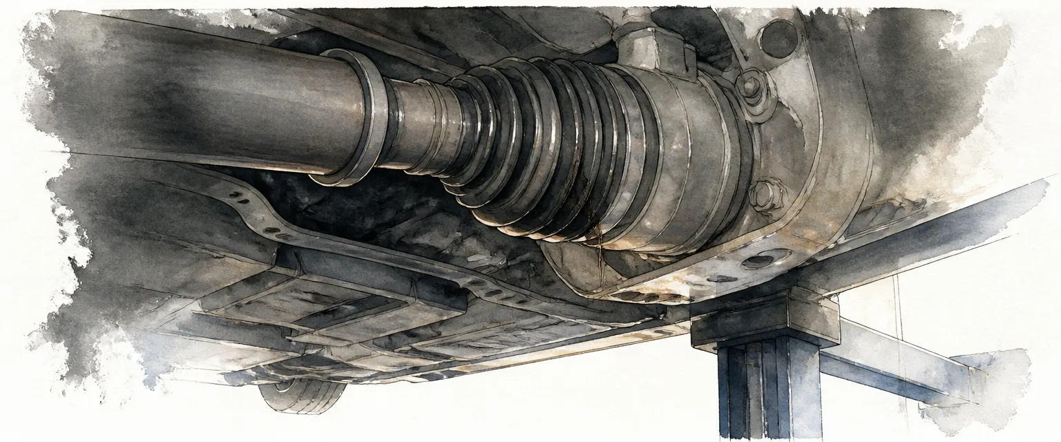 Watercolour illustration of a split rubber boot weeping grease on a driveshaft under a raised car.