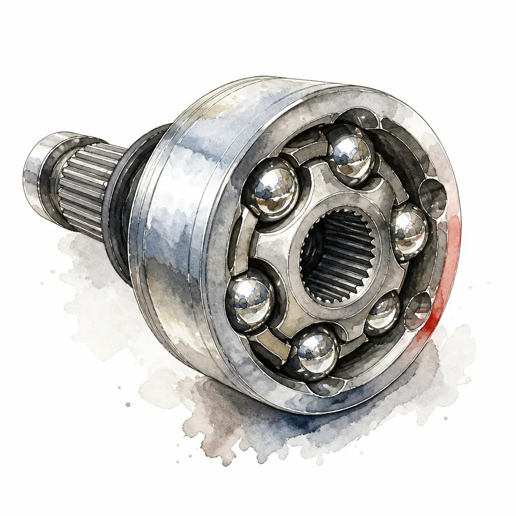 Watercolour close-up of a constant-velocity joint with its balls seated in machined tracks.