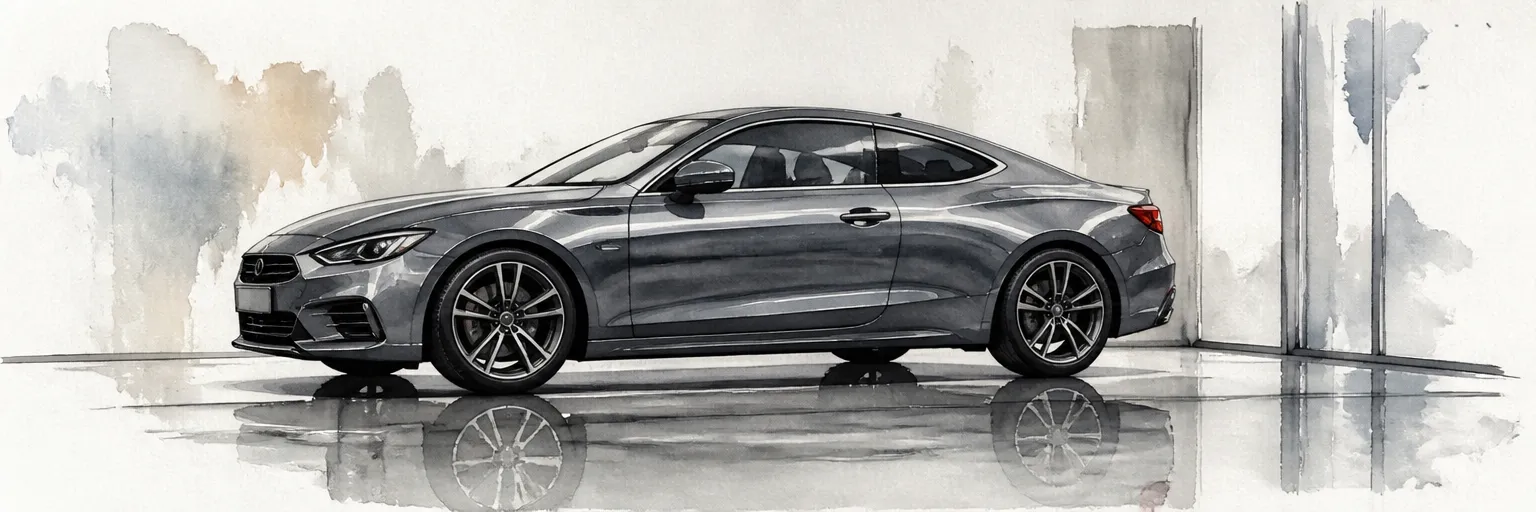 Watercolour illustration of corrected paint on a grey coupe throwing back a deep liquid reflection under studio light.