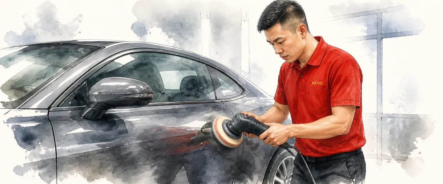 Watercolour illustration of a technician in a red polo shirt polishing the door of a grey coupe with a dual-action machine.