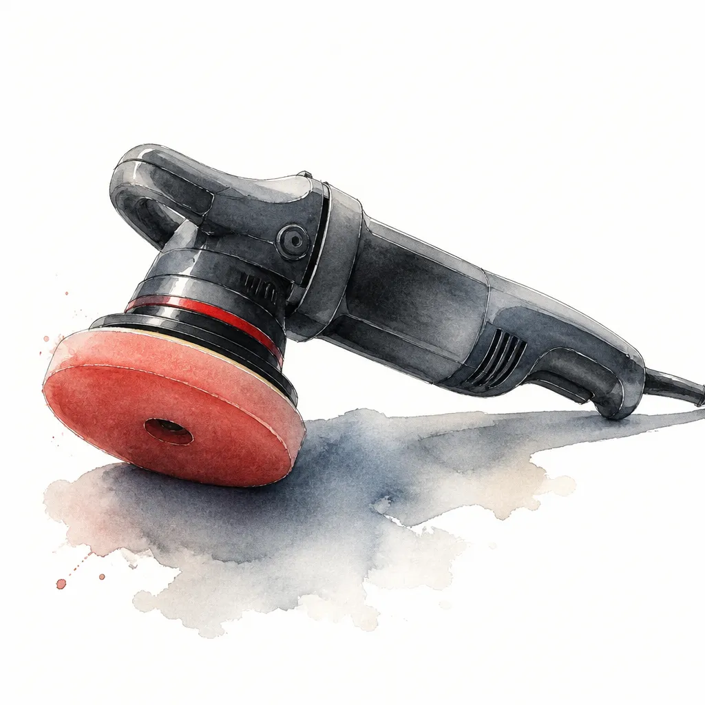 Watercolour close-up of a dual-action machine polisher with a soft foam pad.