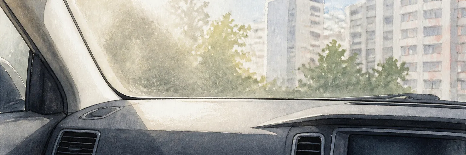 Watercolour illustration of harsh sunlight on a dark dashboard with a faint haze on the inside of the windscreen.